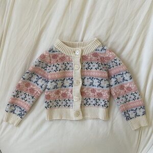 Janie and Jack Cream Cardigan with Pink & Blue Fair Isle Detail